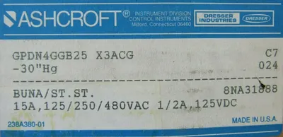 NEW ASHCROFT GPDN4GGB25-X3ACG PRESSURE SWITCH -30"HG GPDN4GGB25X3ACG