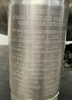 USED APACHE APACHE 1400 LITER STAINLESS STEEL PRESSURE VESSEL SINGLE WALL TANK W/ CONTROLLER