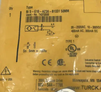 NEW TURCK BI5-G18-AZ3X-B1331 50MM SENSOR 4372000 BI5G18AZ3XB1331 T4372000