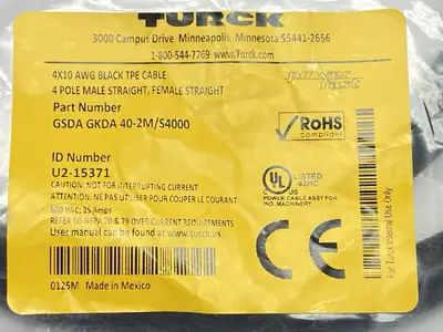 NEW TURCK POWER CORDSET 1-3/8" 4-PIN MALE / FEMALE 2M U2-15371