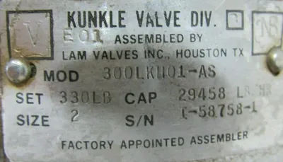 REFURBISHED KUNKLE 300LKH01-AS SAFETY RELIEF VALVE SIZE 2 330PSI 300LKH01AS