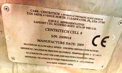 (3) Carr Centritech Cell 8 separation systems, 316L SS.