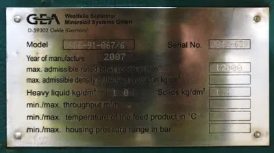 Westfalia OSD 6-91-067/6 fuel oil purifier, SS.