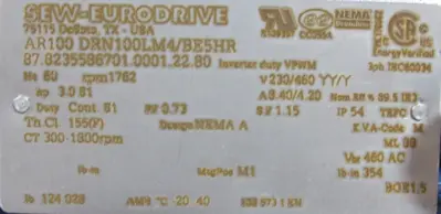 NEW SEW EURODRIVE AR100 DRN100LM4/BE5HR GEARMOTOR 3HP 230/460V