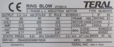 NEW TERAL VFZ601A REGENERATIVE BLOWER 200-220V