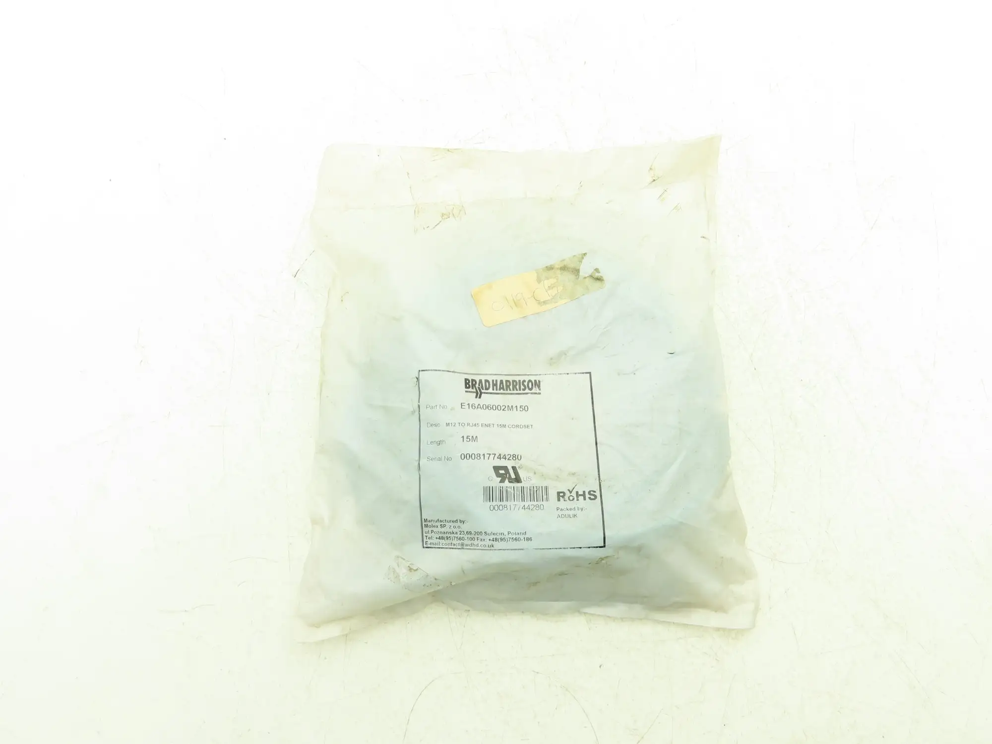 Molex E16A06002M150 Brad Harrison Cable Assembly M12 To RJ45 ENET 15M Cordset
