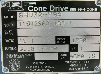 USED CONE DRIVE SHV30-Y9A GEAR REDUCER 15:1 SHV30Y9A