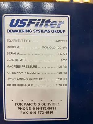 Used 2003 US FILTER 800G32-20-10DYLW Filter Presses | Perry Equipment #454389