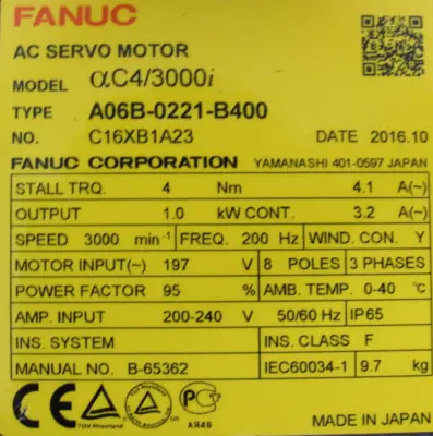 NEW FANUC A06B-0221-B400 SERVO MOTOR A860-2000-T301 A06B0221B400