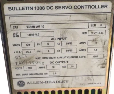 USED ALLEN BRADLEY 1388B-AV10 SERVO CONTROLLER SER. B, 3PH 10AMP 150VDC