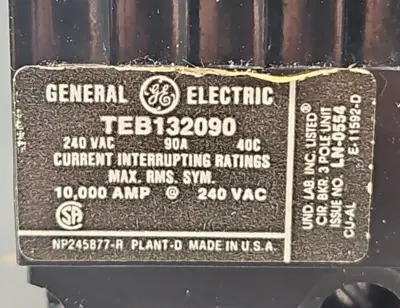General Electric TEB132090 3 Pole 90A 240VAC Circuit Breaker loc4C14