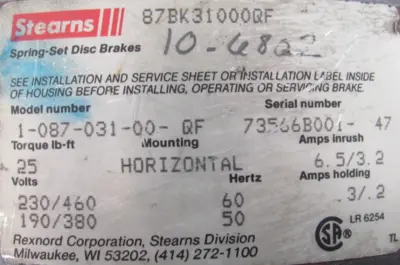 USED STEARNS 1-087-031-00-QF BRAKE ASSEMBLY 87BK31000QF 108703100QF