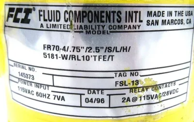 USED FLUID COMPONENTS FR70-4/.75"/2.5"/S/L/H SWITCH FR7047525SLH 5181-W/RL10'TF