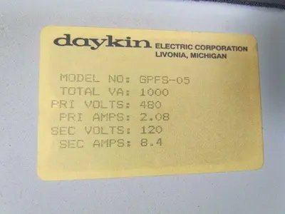 Daykin GPFS-05 Enclosed Transformer Disconnect 1000VA 480V Pri 120V Sec 1PH
