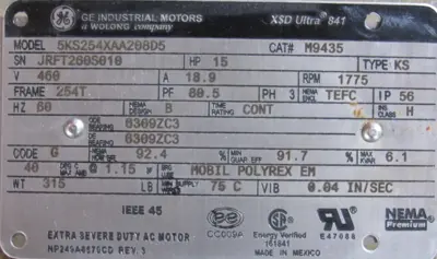 NEW GE M9435 MOTOR 15HP 460V 1775RPM 1-5/8" DIA.