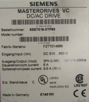 USED SIEMENS 6SE7016-0TP60 DC/AC DRIVE SE70160TP60