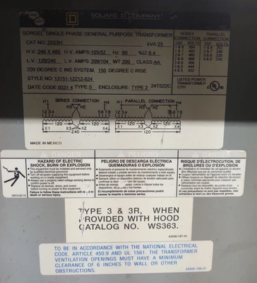 🔥SQUARE D 25S3H 25 KVA H.V. 240/480 L.V. 120/240 SINGLE PHASE TRANSFORMER