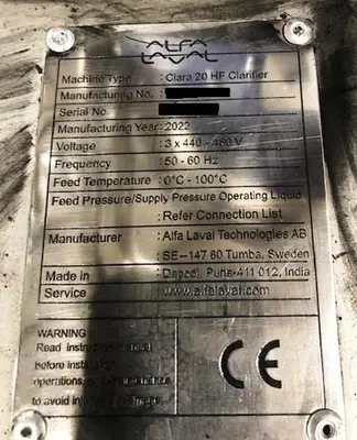 Alfa-Laval LAPX 404 SGP-31G/GC CLARA 20 HF clarifier skid.