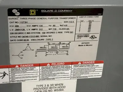 112.50 KVA SQUARE D SORGEL 480->208Y/120 3-PHASE ELECTRICAL TRANSFORMER: STOCK #23730