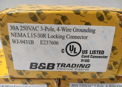 9 Locking Electrical Connector B&B NEMA L15-30R 30A 250V 4-Wire WJ-9431B New
