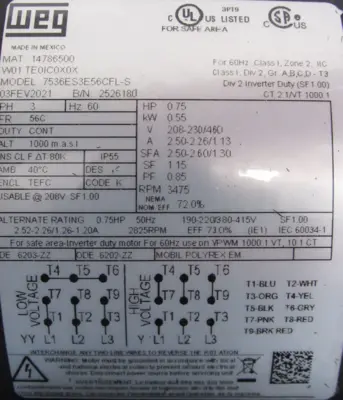 NEW WEG 7536ES3E56CFL-S MOTOR .75HP 14786500 208-230/460V