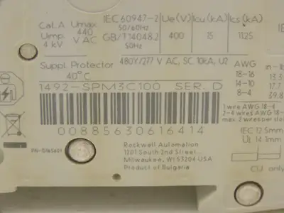 Allen Bradley 1492-SPM3C100 Circuit Breaker 10A 3 Pole 480 VAC Ser D