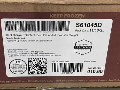 Beef Ribeye Roll Steak - Fat-added, Needle-tenderized - Frozen - 10.60 lb