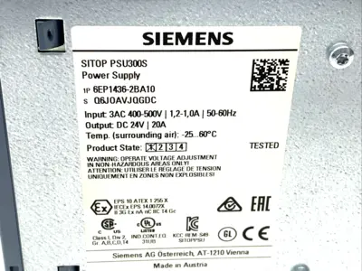 6EP1436-2BA10 | Siemens  SITOP PSU300S 20A Stabilized Power Supply 400-500VAC 24VDC - Used