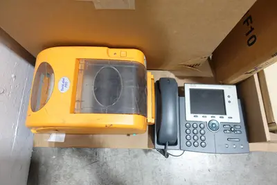 PALLET OF ASSORTED OFFICE SUPPLIES, TONER, LABEL PRINTERS, PACKAGING MACHINE, PHONE, SIGNAGE