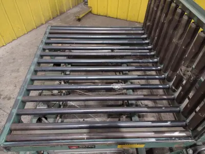 60" x 48" ROACH PNEUMATIC LIFT & TILT UPENDER / TABLE WITH ROLLER CONVEYOR : YOBRO #24710