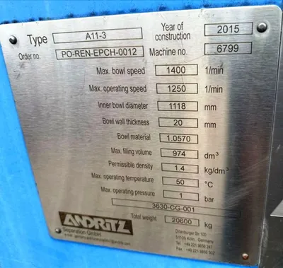 (4) Andritz A11-3 solid bowl decanter centrifuges, CS.