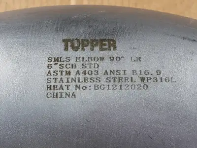 6" 90 Deg Buttweld Elbow SCH STD WP316L ASTM A403 ANSI B16.9