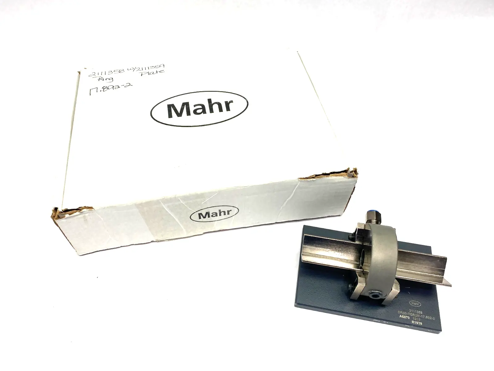 USED MAHR DIMENSIONAIR 2-JET AIR RING GAUGE W/ GUIDE CHUTES & BASE PLATE