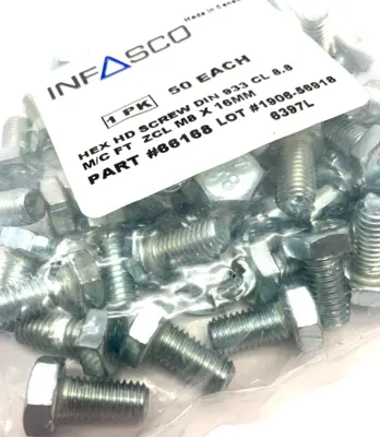New | in-Stock Infasco Hex Head Screw DIN 933 CL 8.8 ZCL M8x16MM Bolts Michigan US | Maverick Industrial Sales #1487472