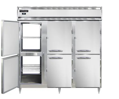 Continental D3RNSAPTHD 78" Three Section Pass Thru Refrigerator, (12) Left/right Hinge Solid Doors, Top Compressor, 115v