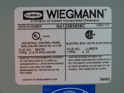 Wiegmann N412363608C Electrical Enclosure Control Panel 36x36x8" Backplate