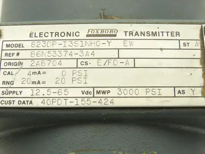 Foxboro 823DP-I3S1NH0-Y Pressure Transmitter 0-20psi/ 3000psi 12.5-65VDC