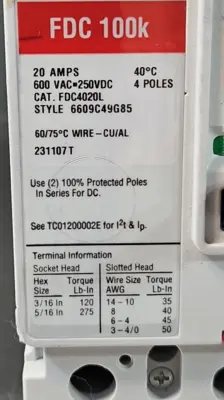 Eaton FDC 100K 20Amp 600VAC Current Limiting Circuit Breaker (BIN443)