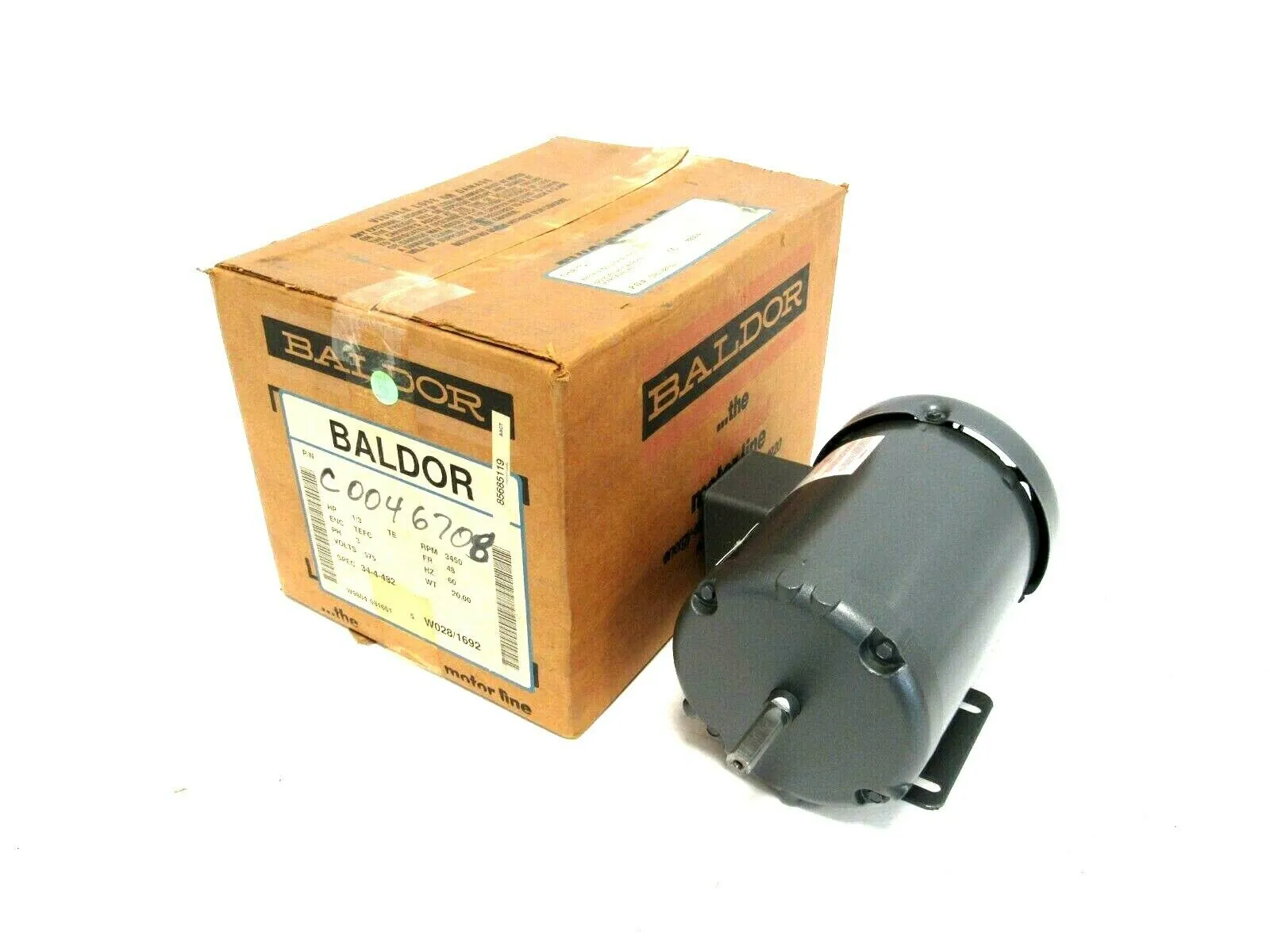 NEW BALDOR C0046708 MOTOR 575V 3450RPM .33HP 1/2" DIA. 34-4-482