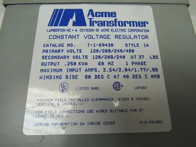 Acme T-1-69430 .250KVA  Constant Voltage Transformer 120-480V Pri 120-240 V Sec