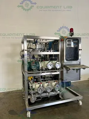 USED VARIAN CHROMATOGRAPHY CONTROL SKID W/ 2.4 HP DUAL HEAD PUMP, 2.4 HP HEAT PUMPS