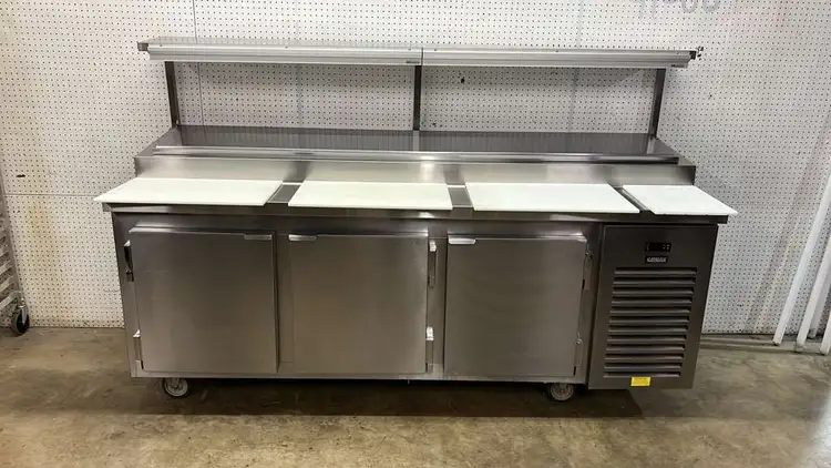 Used Kairak Used 91" Kairak KBP-91S 3 Door Refrigerated Stainless Steel Prep Table - 115V - JJ Food Prep Tables Illinois US | Falcon Restaurant Supply #1373551