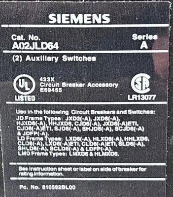 Siemens A02JLD64 Series A Auxiliary Switch (BIN645)