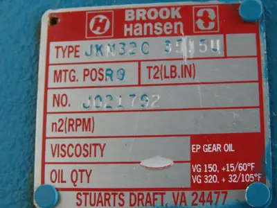 Brook Hansen JKN32C 35.5U Gearbox 35.5:1 Ratio Reducer 49rpm RH 143/145TC