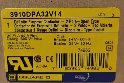 Square D 8910DPA32V14 Definite Purpose 30FLA 2 Pole 600V 24v Coil Loc4D31