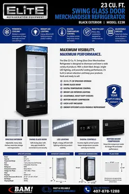 Elite Black Swing Glass Door Merchandiser Refrigerator with LED Lighting 23Cu. Ft.
