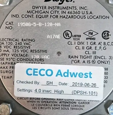 Dwyer 1950G-0-B-120-NA Explosion Proof Pressure Switch Loc5D21