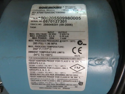 Rosemount Magnetic Flowtube model 8705TSA020C1W0N0 Size 2" -150 Unused