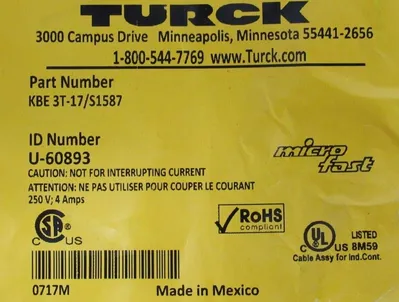 NEW TURCK KBE3T-17/S1587 CORDSET U-60893 KBE3T17S1587