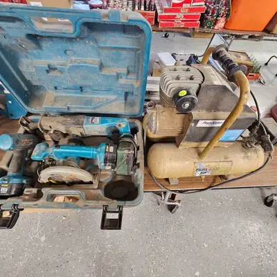 3 Piece Makita 18 Volt Kit, Drill, Saw, Sawzall and Prime Air Portable Air Compressor